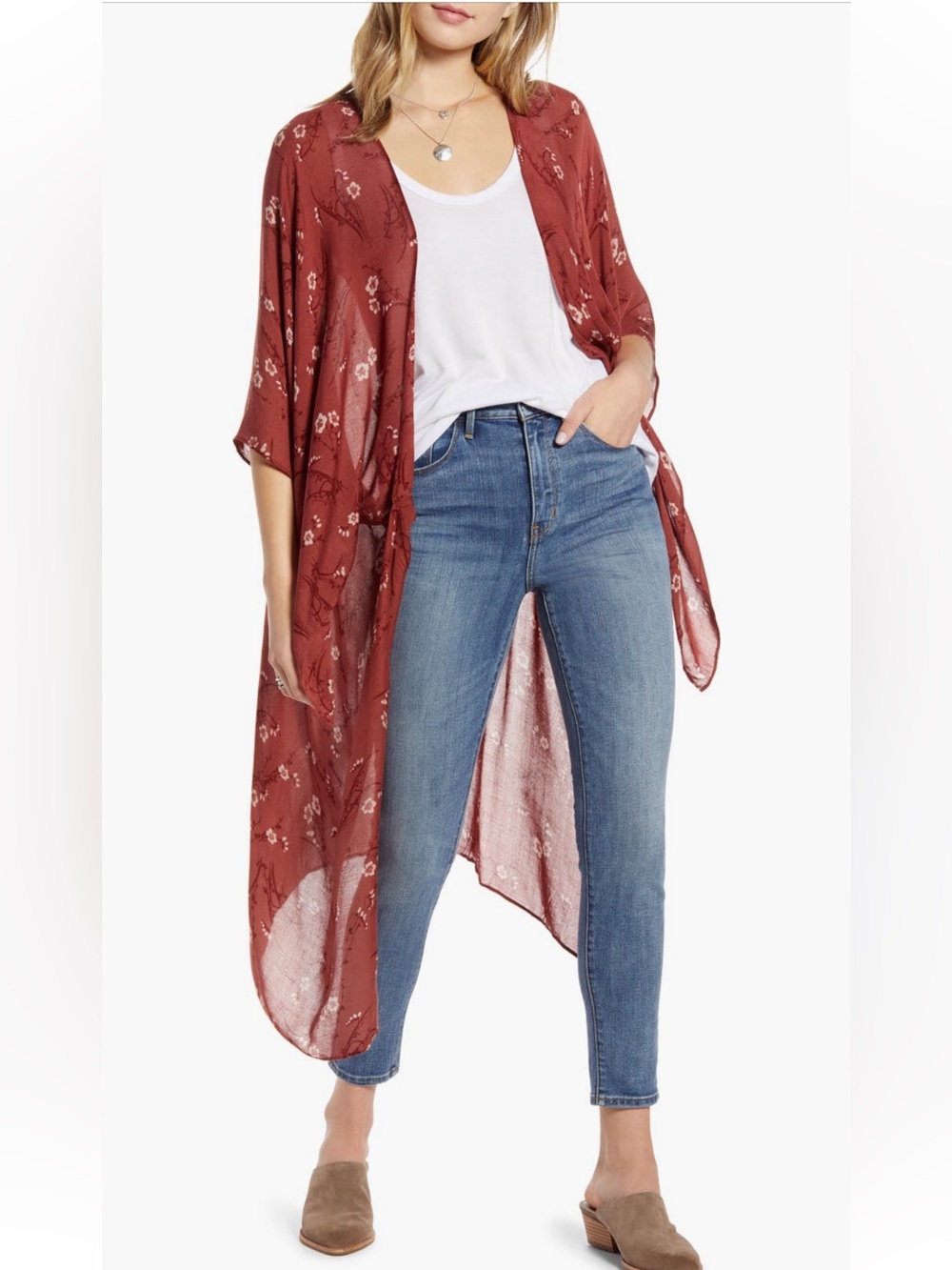 Treasure & Bond One Size Rust Floral Kimono Boho Open Front Duster